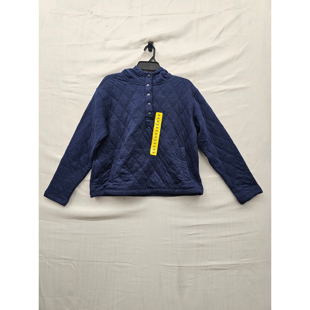 Lands End Womens Quilted Pullover Hoodie Navy Cotton Blend Casual Size Medium